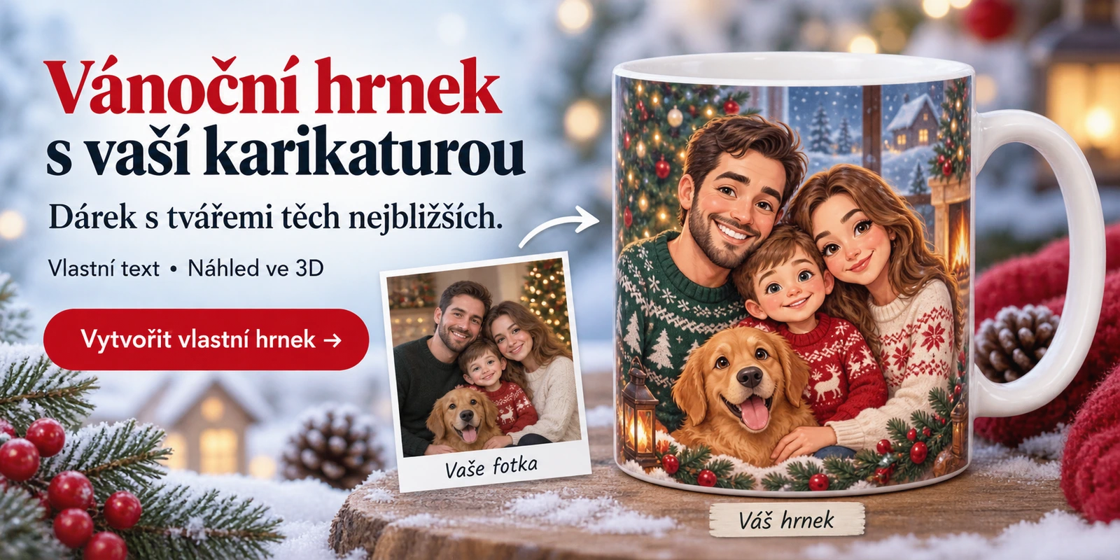 Vánoční hrnek s vaší karikaturou. Vlastní text a náhled ve 3D.