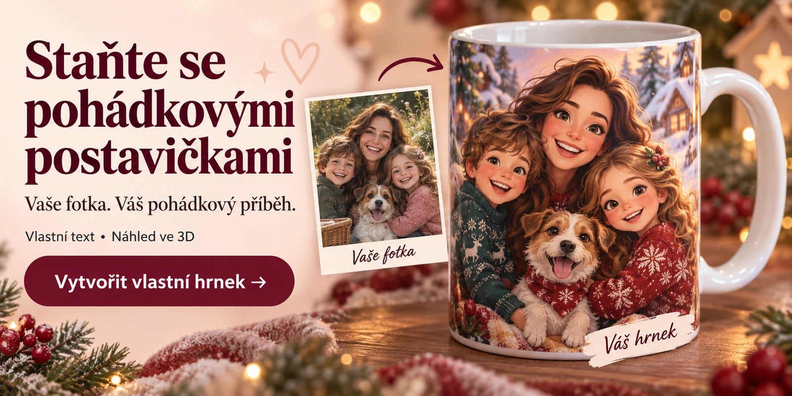 Hrnek s vašimi pohádkovými postavičkami. Vlastní text a náhled ve 3D.