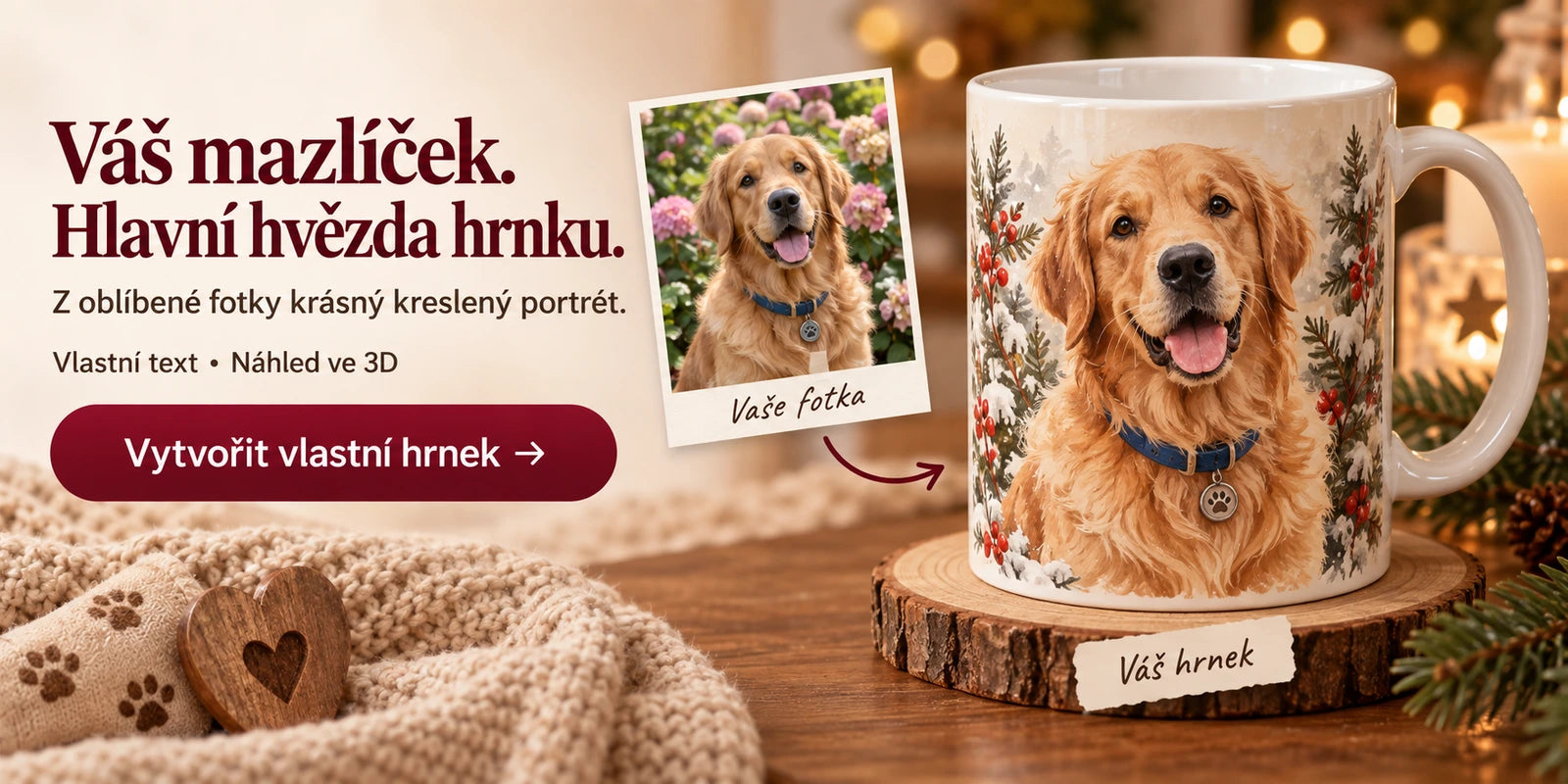Váš mazlíček – hlavní hvězda hrnku. Vlastní text a náhled ve 3D.