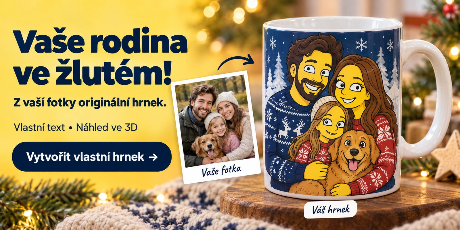 Žlutá rodinka – vaše fotka jako kreslená rodina na hrnku. Vlastní text a náhled ve 3D.